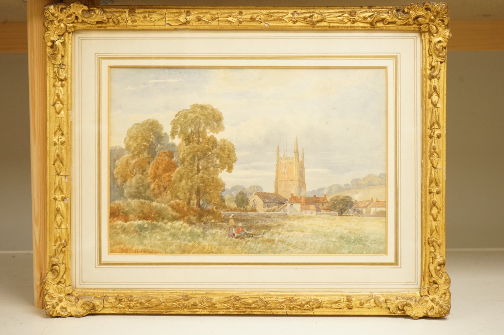 William Woods Hodges (19th. C), Landscapes with churches, signed, pair of watercolours, 19 x 30cm, gilt framed